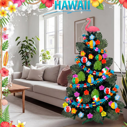 Glimin 54 Pcs Hawaiian Christmas Tree Decoration Set Tropical Flower Paper Garlands with Flamingo Tree Topper Hibiscus Flowers Palm Leaves Picks Beach Ball Ornament for Summer Hawaiian Luau Xmas Decor