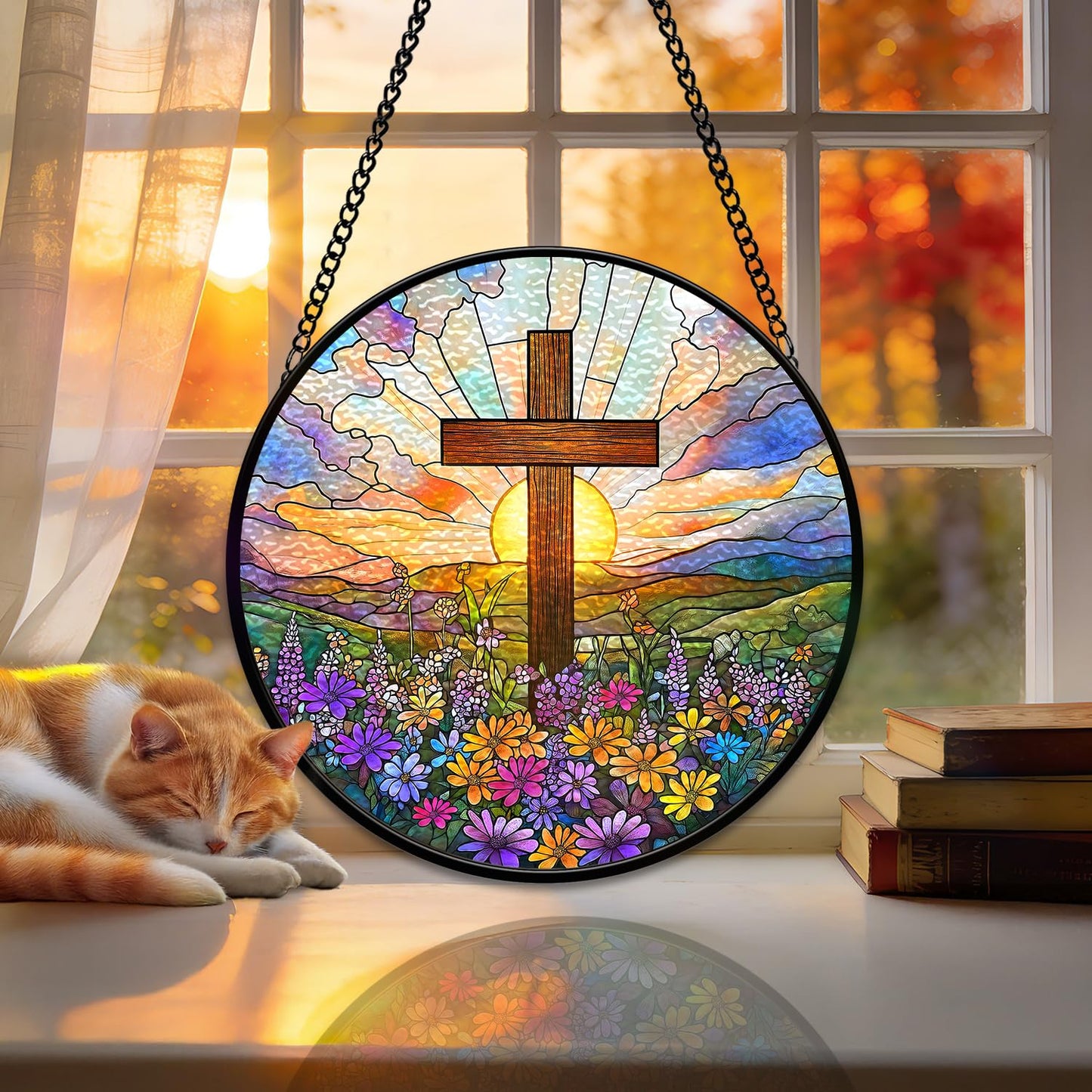 Stained Glass Window Hanging Decor,Cross Wildflowers Sun Catcher,Cross Suncatcher for Window, Stained Glass Hanging Ornament for Christian Easter,Religious Gift for Women Men 8 inch(Cross01)
