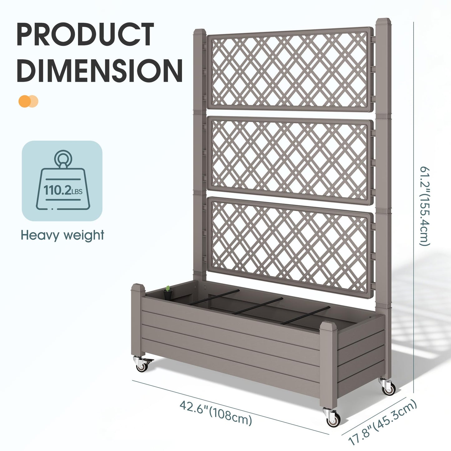WTFGO Resin Raised Garden Bed with Trellis and Wheels - Plasitc Planter Box with Trellis Outdoor with Drainage Holes & Water Monitor for Climbing Plants, Flower, Gray(61.2" H)