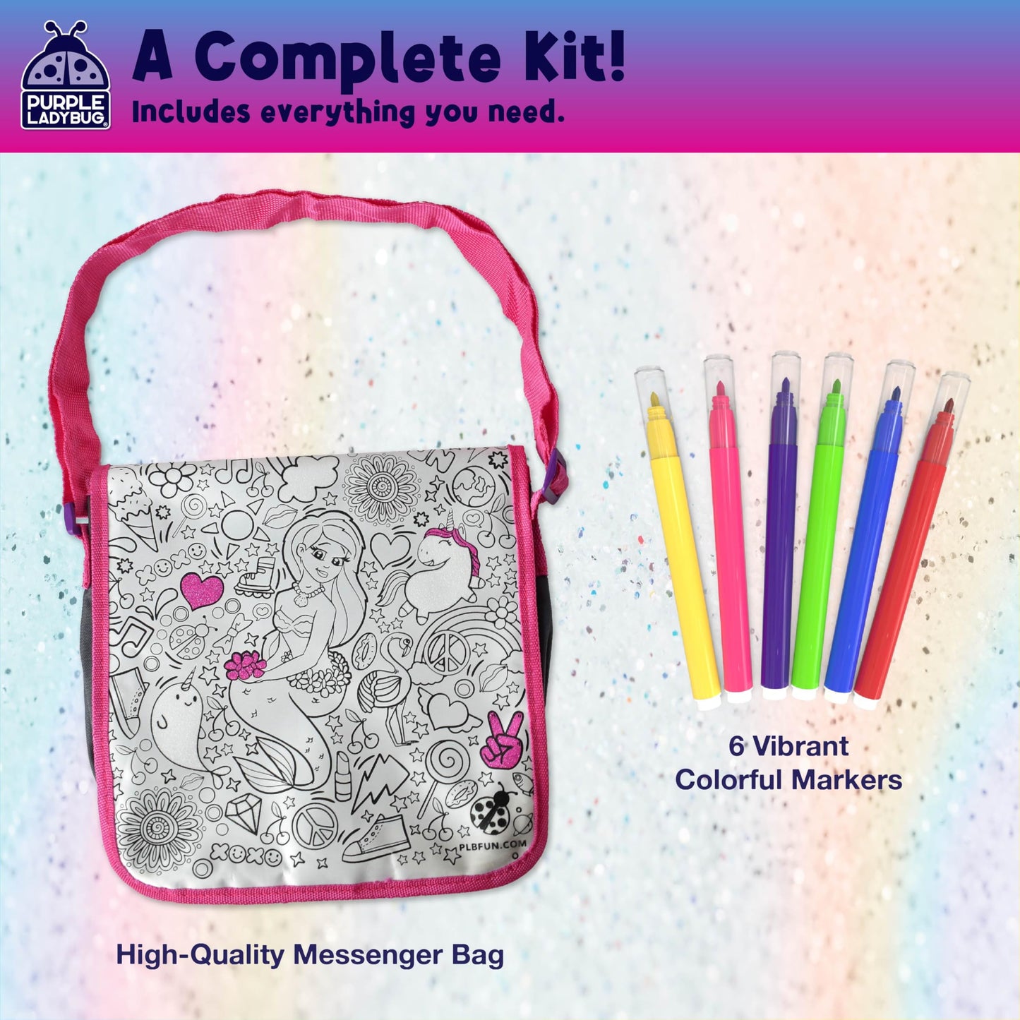 PURPLE LADYBUG Colour Your Own Messenger Bag Kit - Creative Craft Gift with 6 Vibrant Markers for Girls Aged 6-12, Perfect for Birthdays and Year-Round Fun in Arts and Crafts, Great Gift Idea