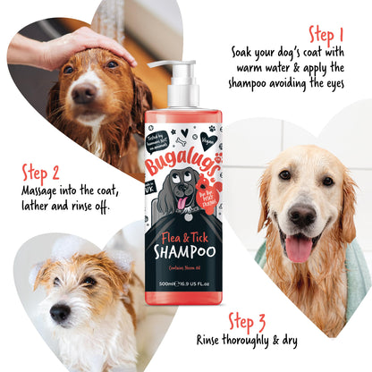 Flea and Tick Dog Shampoo by Bugalugs, Works on Smelly Puppies & Dogs, Contains Neem Oil PH Balanced Vegan Used by Professional Groom (Shampoo 500ml)