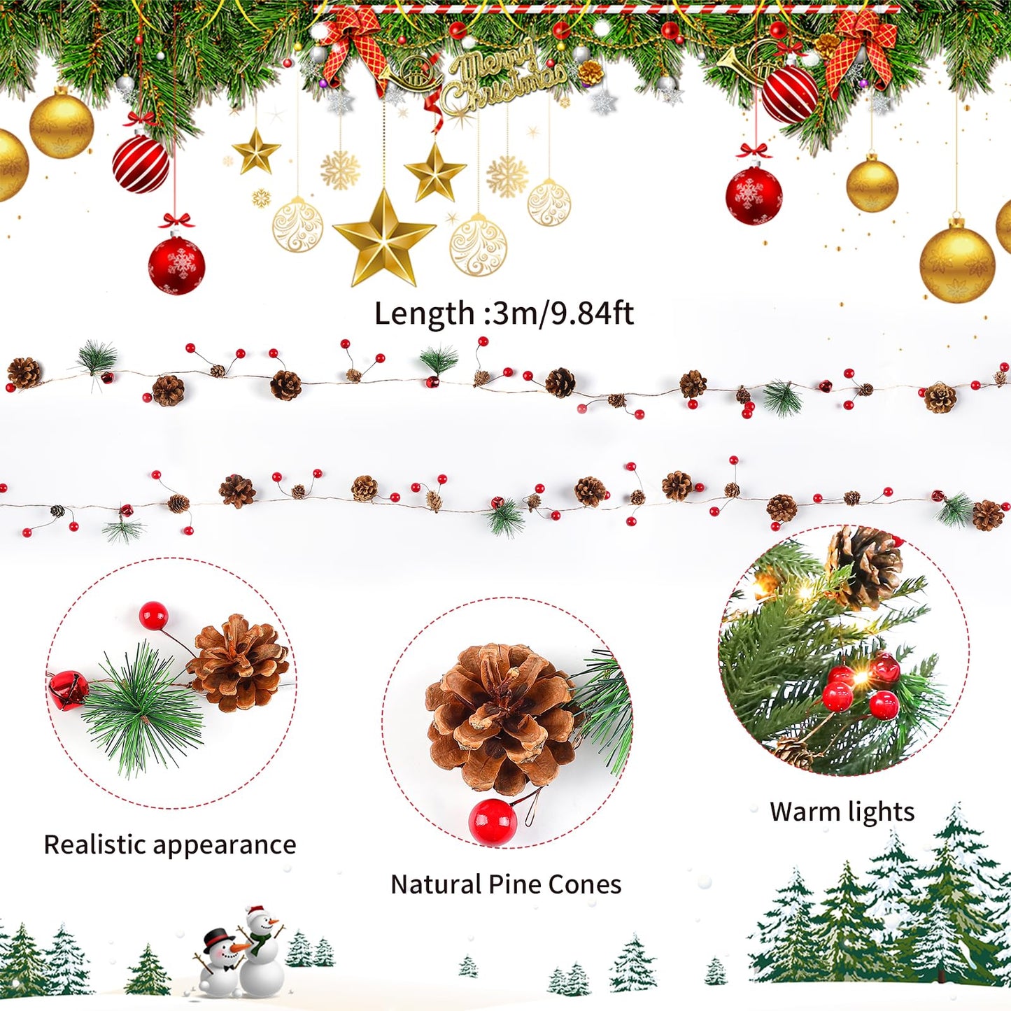 Larber 9.8Ft Christmas Pine Cone String Lights with Red Berries, Bells & Needles 30 LED Battery Operated Prelit Garland for Christmas Home Table Holiday Indoor/Outdoor Decorations