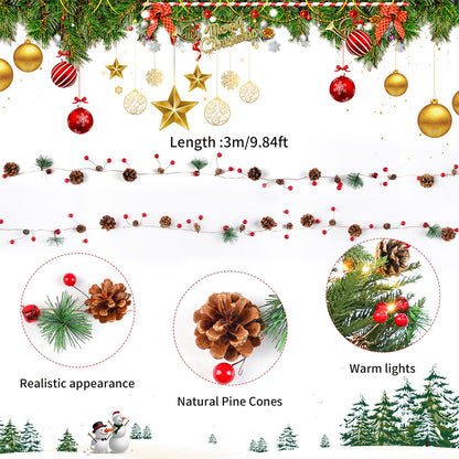 Larber 9.8Ft Christmas Pine Cone String Lights with Red Berries, Bells & Needles 30 LED Battery Operated Prelit Garland for Christmas Home Table Holiday Indoor/Outdoor Decorations