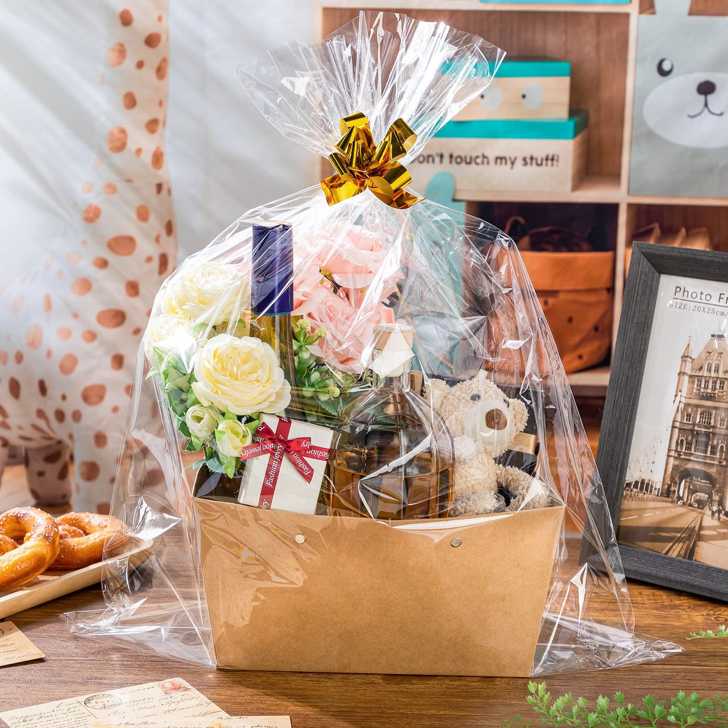 Teling 56 Pack Large Christmas Gifts Basket Bulk 11x7.1x5.5 Inch Empty Gift Baskets to Fill with Handles Clear Cellophane Bags Pull Bows Present Boxes for Xmas Holiday Party Favors Goodie Packaging