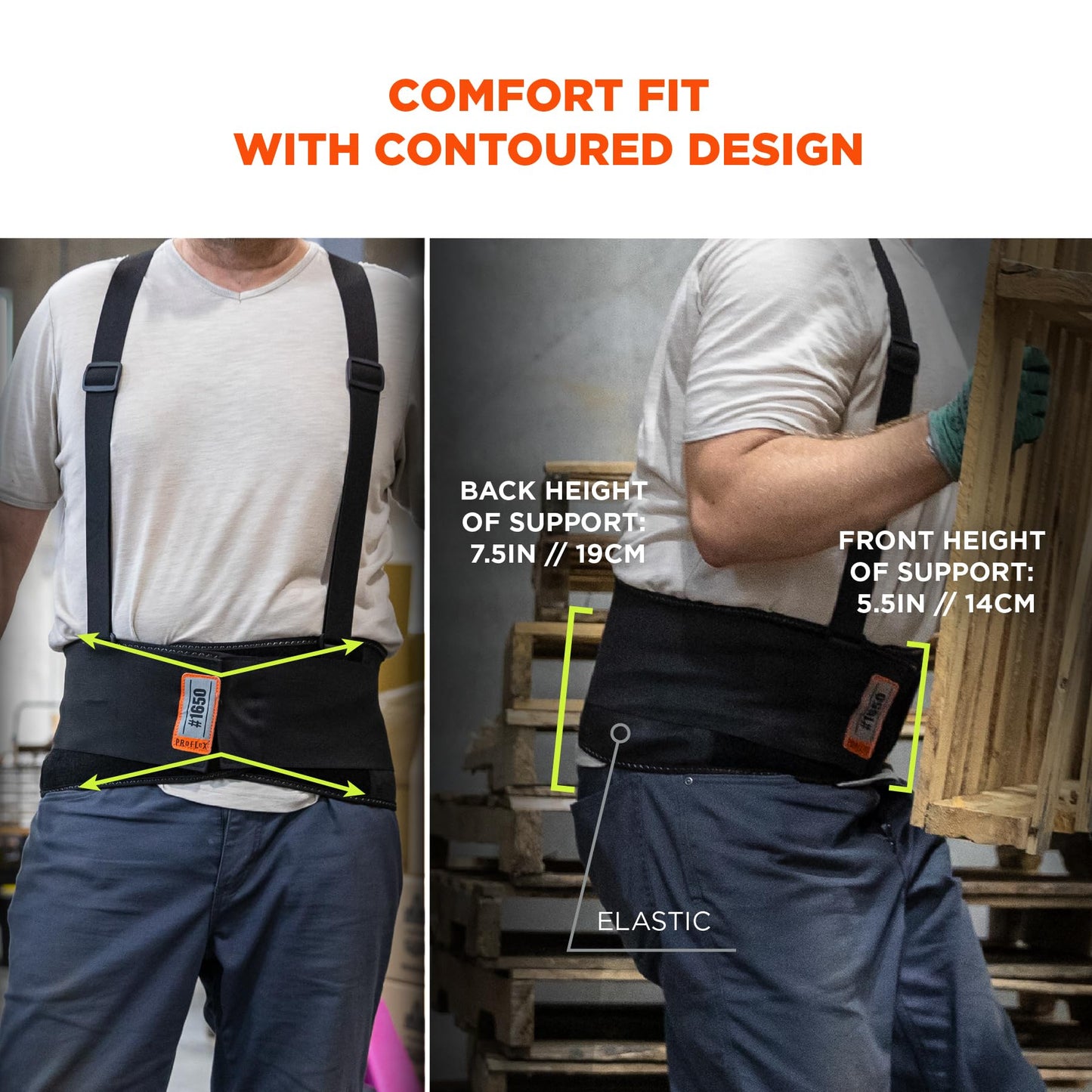 Ergodyne ProFlex 1650 Back Support Belt, 7.5" Elastic, Adjustable, Removeable Straps, Black, Medium