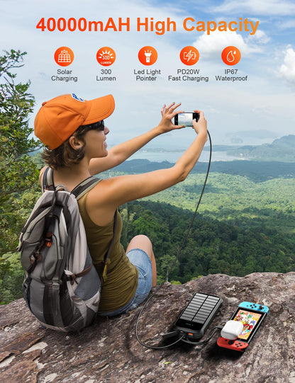 Solar Charger Power Bank, 40000mAh Portable Charger PD 20W Fast Charging Solar Power Bank Built in 4 Cables and USB-C in/Output, Camping Essentials External Battery Pack with Flashlights