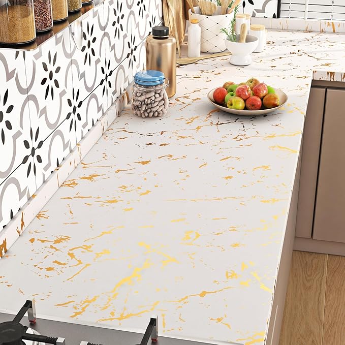 FunStick 24"x200" Off White and Gold Marble Peel and Stick Wallpaper Self