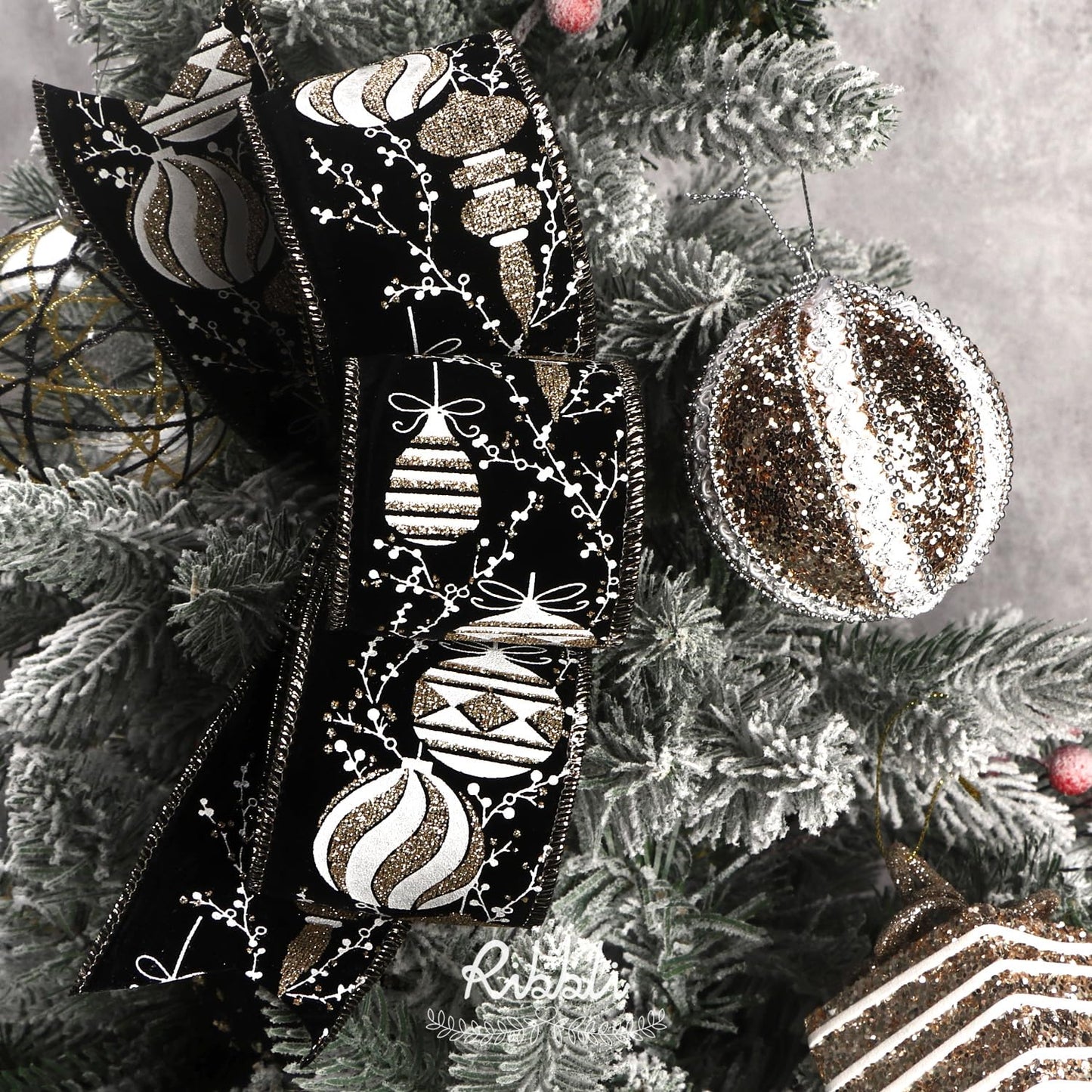 Ribbli Christmas Ribbon Wired Black Champagne Christmas Tree Ribbon Snowflake Glitter Wired Ribbons for Tree Topper Bow Crafts Gift Wrapping Wreaths Garland Home Decor -2.5 Inchx6 Rolls Total 36Yard