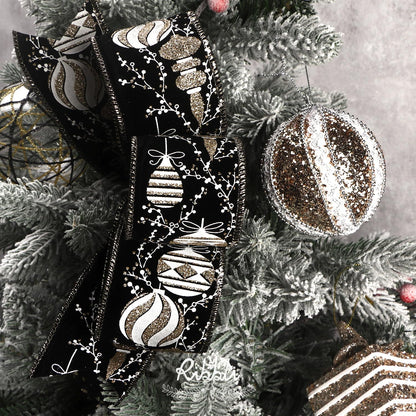 Ribbli Christmas Ribbon Wired Black Champagne Christmas Tree Ribbon Snowflake Glitter Wired Ribbons for Tree Topper Bow Crafts Gift Wrapping Wreaths Garland Home Decor -2.5 Inchx6 Rolls Total 36Yard