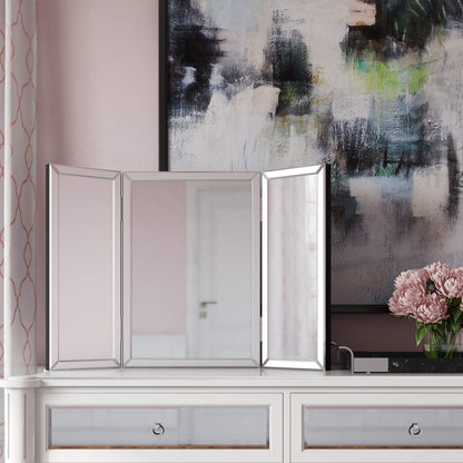 Howard Elliott Collection Tripoli Trifold Vanity Mirror 3 Way TableTop Bedrooms, Bathroom, Makeup Portable Cosmetic & Makeup Mirror with Beveled Edges Tri-fold Mirror, 31 Inch x 21 Inch
