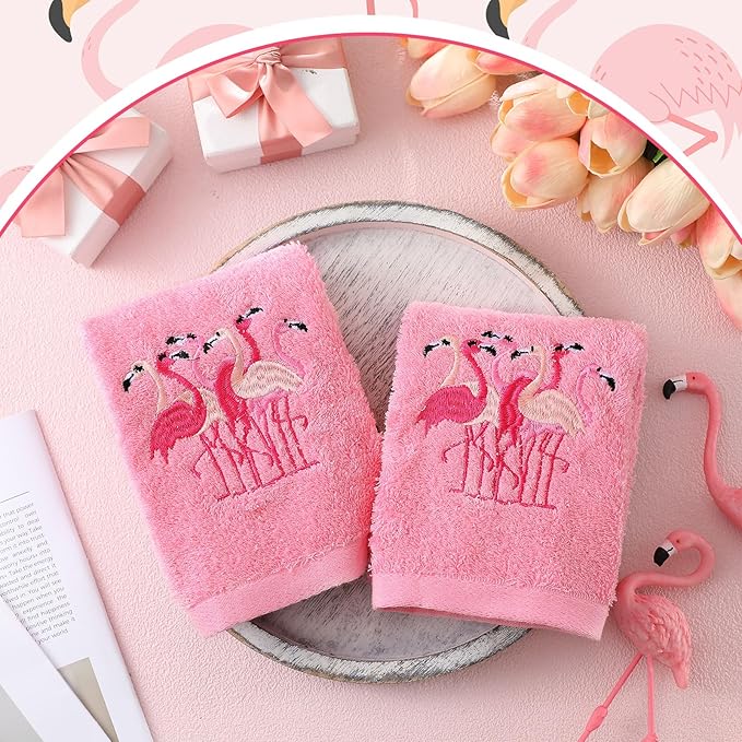 2 Pcs Flamingo Hand Towels Hot Pink Bathroom Decor 14x29 Inch Embroidered 100%