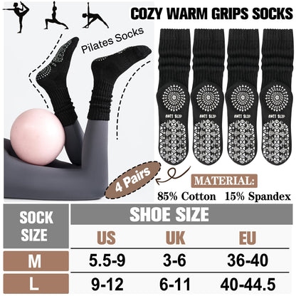 Sandsuced Pilates Grip Slouchy Yoga Socks Winter Warm Cozy Scrunch Boot Grippy Crew Slipper Socks 4 Pairs for Women Gift Stocking Stuffers(Black,M)