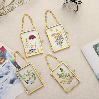 FOCHIER F 4 Pcs Pressed Flower Frame with Tweezers, Wall Hanging Tabletop Display Double Glass Frames with Metal Chain for Pressed Dried Flowers Plants, Horizontal and Vertical Picture Frame, Gold, FRAMES ONLY