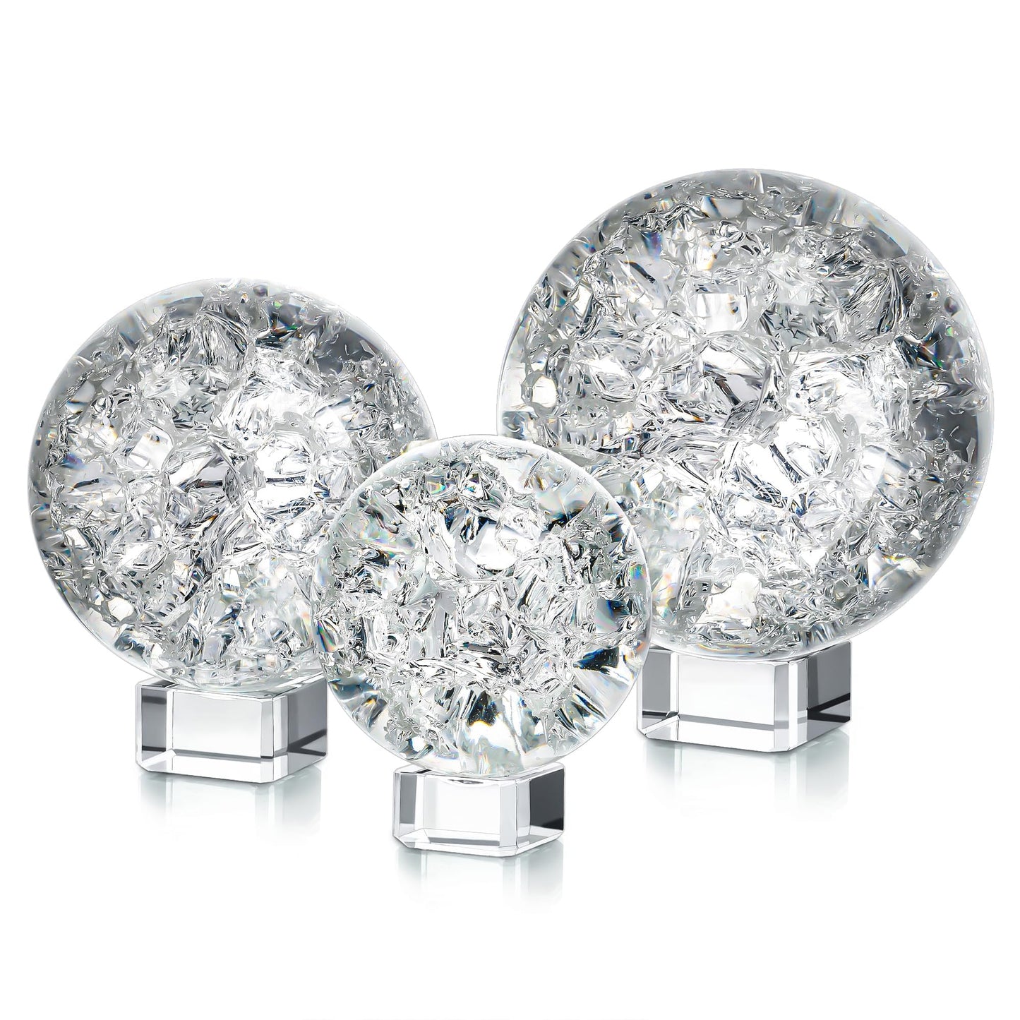 ZEERSHEE 3pcs Clear Ice Crack Glass Orb Set with Display Stands, 2.4"/3.1"/3.9" Decorative Art Spheres for Home Decor, Office Desk Accent, Bookshelf Styling and Gift Giving