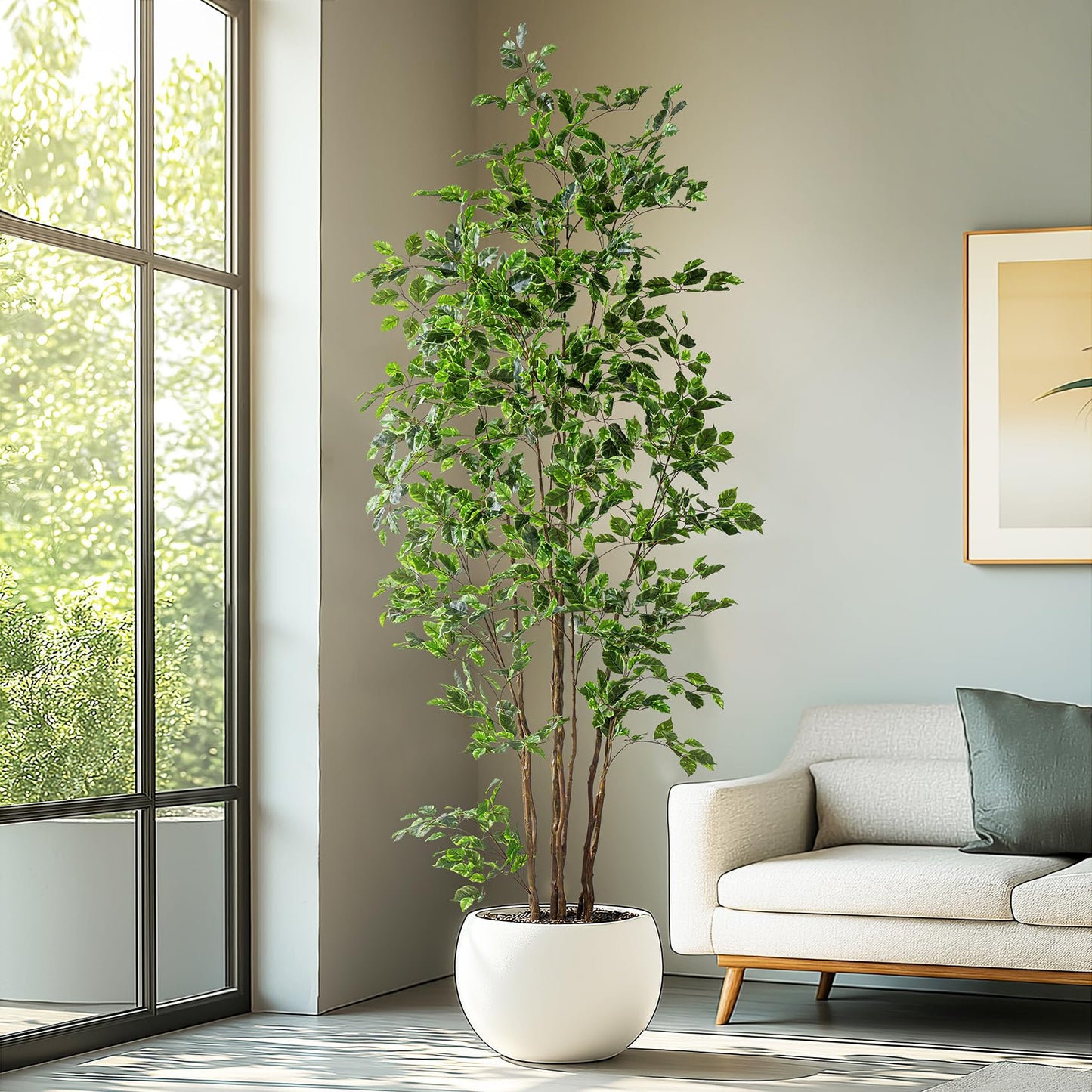 Bailikang Artificial Ficus Tree Indoor 8ft, Large Potted Faux Tree with Realistic Silk Leaves & Trunk for Home Office, Living Room Corner Decor
