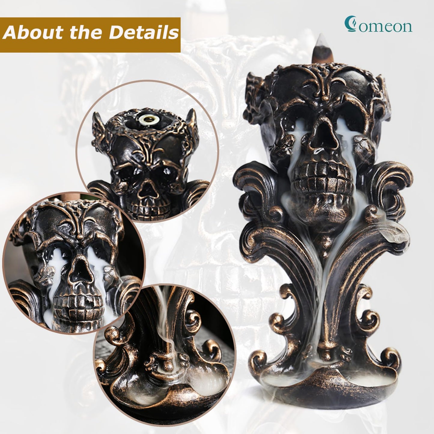 Comeon Backflow Incense Holder Burner Resin Skull Incense Burner Waterfall Incense Burner Home Decor + 20 Backflow Incense Cones + 30 Incense Sticks +1 Tweezer +1 Mat（Metallic Gold）