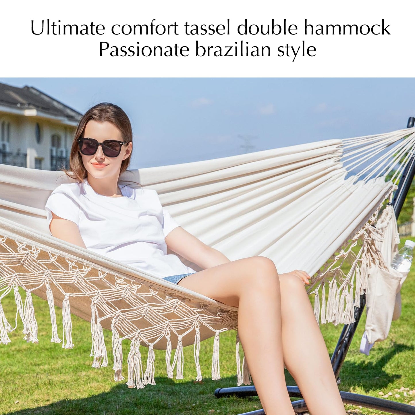 PNAEUT Handmade Tassel Hammocks, Double Hammock with Stand for Outside, Max 450 lbs Capacity, Pillow & Storage Bag Included (Beige)