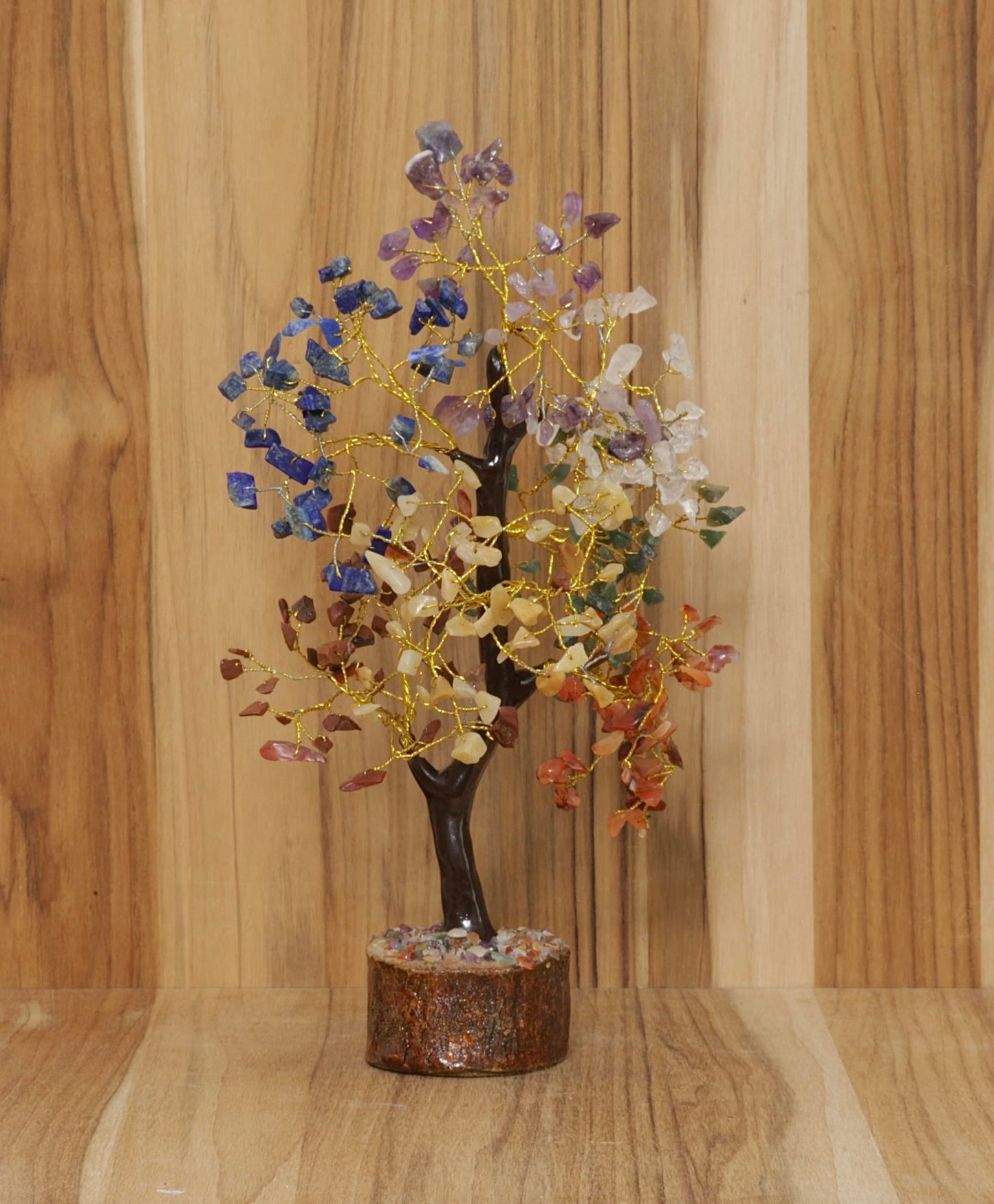 Pristine Gemstones 7 Chakra Tree of Life Crystal Feng Shui: Home and Office Decor. (7 Chaka, Equilibrium, Resin Trunk, Wood Base, 250 Chips). February, April, and July Birthstones.