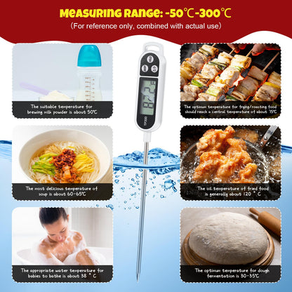 6 Pcs Instant Read Meat Thermometer with Long Probe 9.65 Inch Kitchen Cooking Food Candy Waterproof Digital Thermometer for BBQ Water Milk Yogurt Liquid (Round&Square Ring,Black,White,Red)