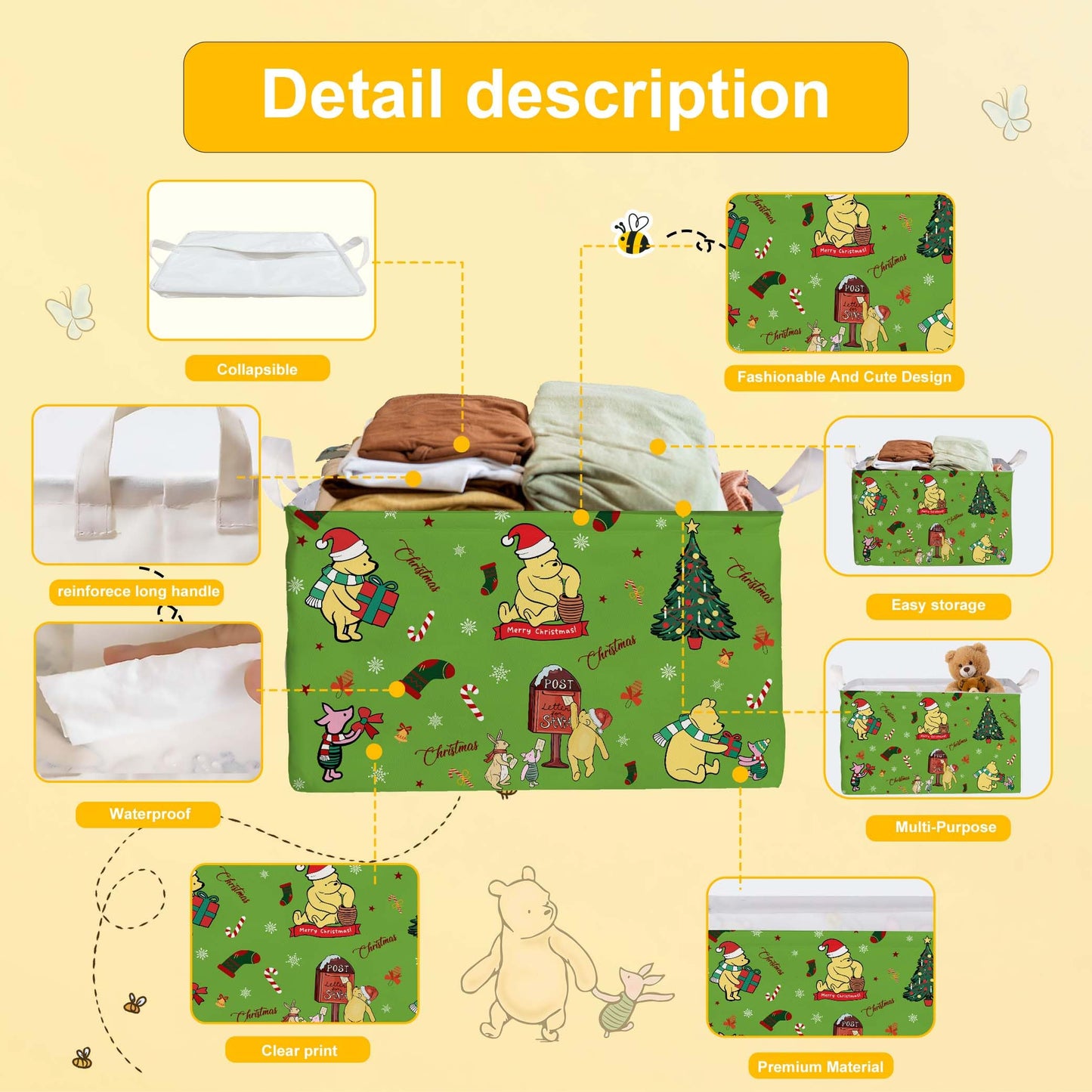 ZsaTuiy Winnie Theme Christmas Baskets Decor,the Pooh Baby Stuff, Large Square Canvas Baby Laundry Hamper with A Waterproof PE Coating,Foldable Storage Bin for Toys and Clothes