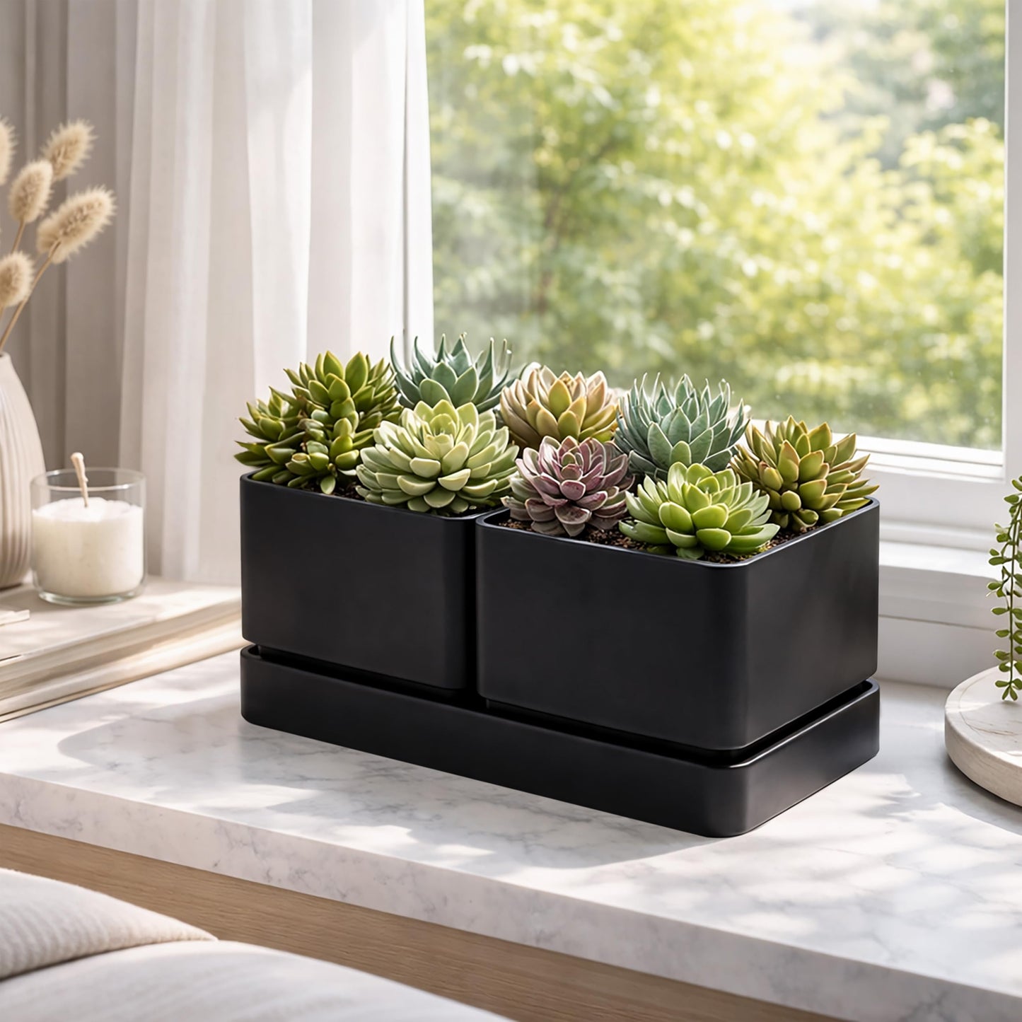 D'vine Dev Indoor Herb Garden Planter Set, Plastic Windowsill Plant Pots with Drainage and Saucer, Indoor Succulent Cactus Vegetable Pot for Balcony, Office, Garden, Black, Set of 1, 76-Q-B-1