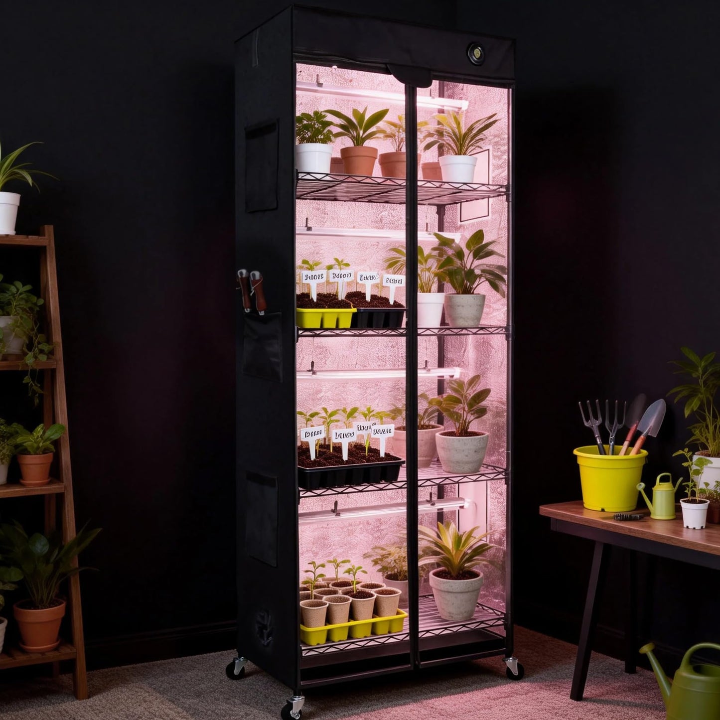 WORTH Mini Greenhouse with 18W T8 Grow Lights & Thermo-Hygrometer 27"x15"x70" Smart Indoor Grow Tent with Black Oxford Fabric Cover Plant Stand with Casters & Ventilation Flaps for Seed Starting