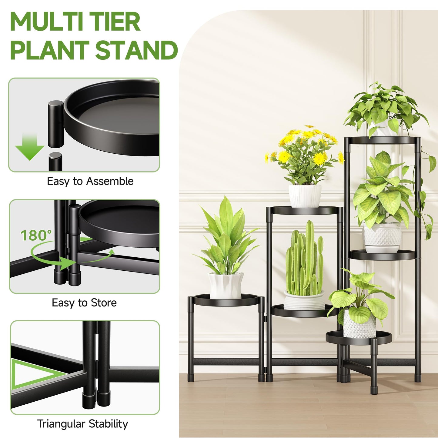 Biciyarn Plant Stand Indoor Outdoor with Metal Tray 6 Tiered Corner Plant Holders for Folding Plants Flower Pot Holder Display Stand for Living Room Balcony Garden-Black