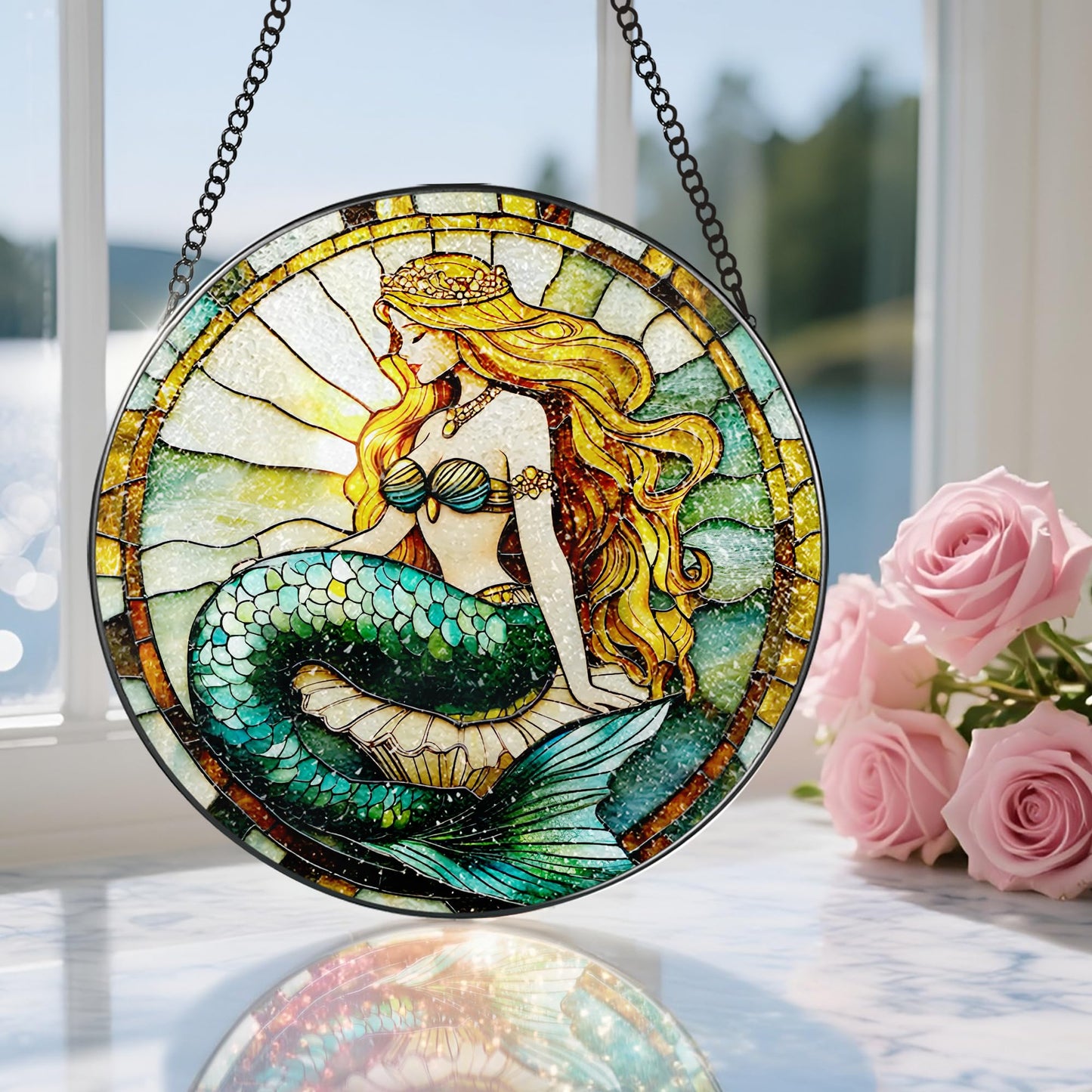 Stained Glass Window Hanging, 8 Inch Mermaid Suncatcher Stained Glass Ornament, Suncatchers for Windows Hanging, Sun Catchers Indoor Window, Mermaid Gifts, Gifts for Friends, Housewarming Gift