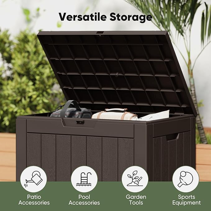 NEWBULIG 31 Gallon Deck Box, Weatherproof Resin Lockable Outdoor Storage for Secure Package Deliveries and Indoor Storage in Garden or Patio, Backyard