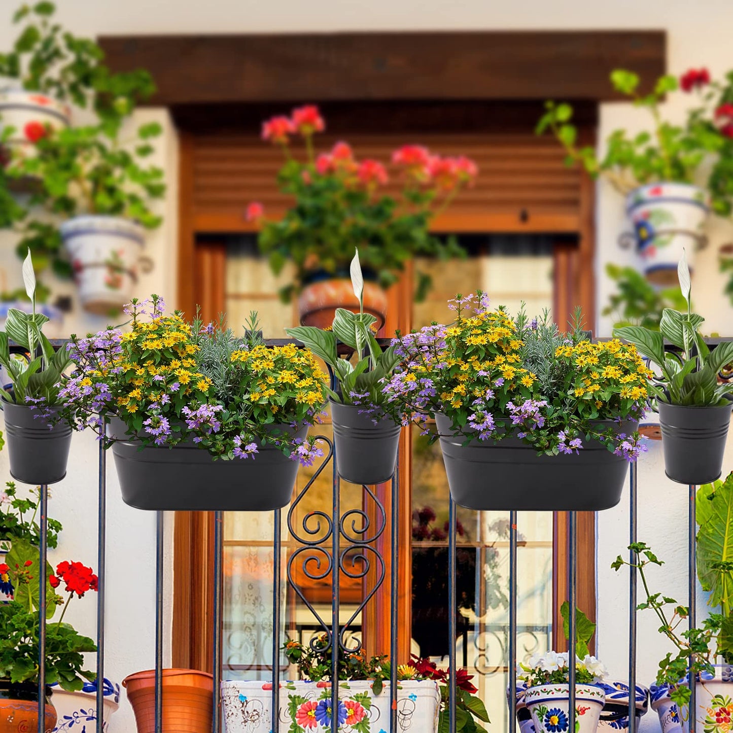 HowRU Metal Iron Flower Pots for Railing Fence Hanging Bucket Pots(5 Pcs) and Hanging Flower Pots Metal Iron Bucket Planter(10 Pcs) (Black)