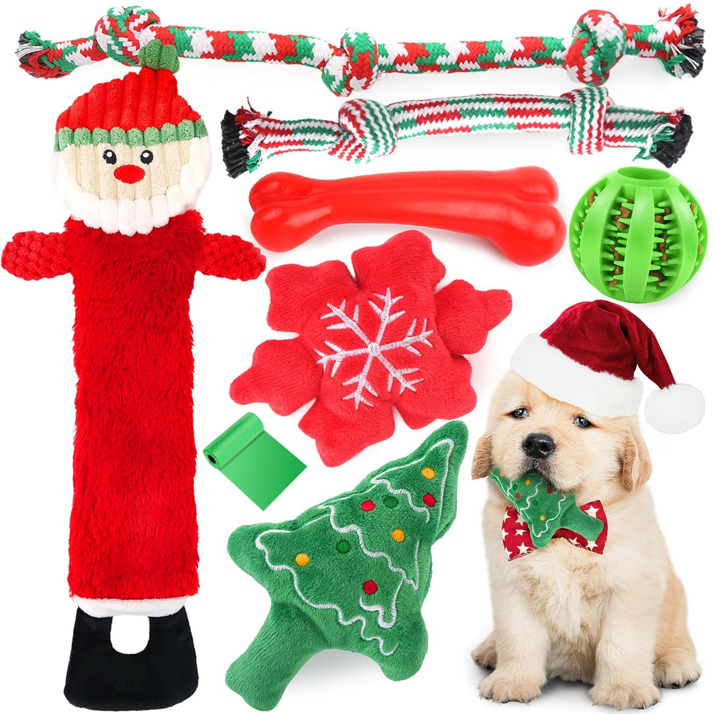 LOYEE Christmas Dog Toys 8 Pack - Santa Squeaky Plush Chew for Puppy, Durable Interactive Rope for Teething, Treating Ball and Bone Rubber for Small Dogs