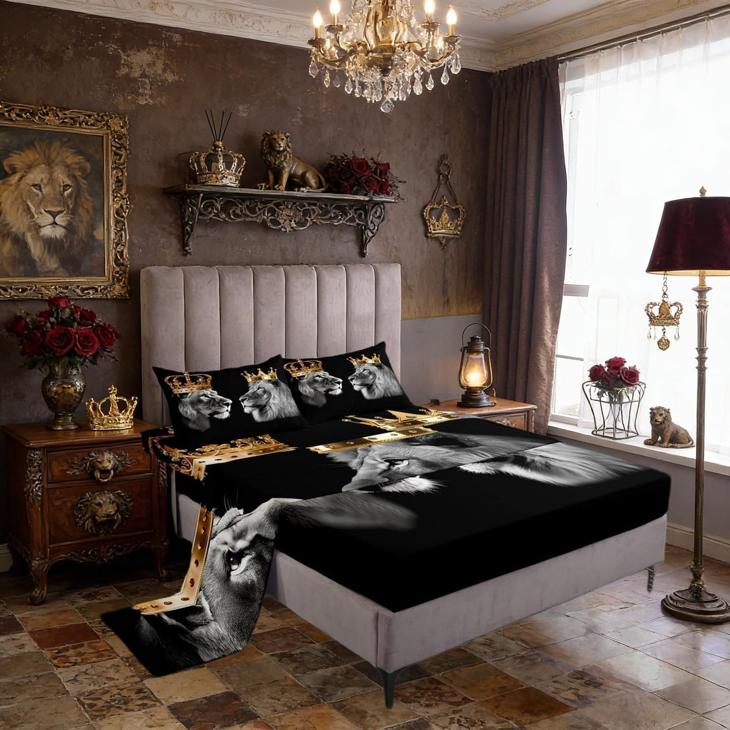 Castle Fairy Wild Lion Couple Bed Sheets King Size,Gold King and Queen Crown,Quality Brushed Microfiber Luxury Bed Sheet with Flat,Tropical African Animal Fitted Sheet, with 2 Pillowcases