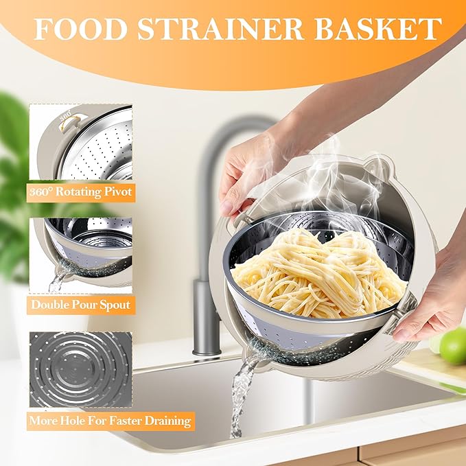 4-1 Colander with Bowl Set, Food Strainers and Colanders, Fruit Washing Bowl
