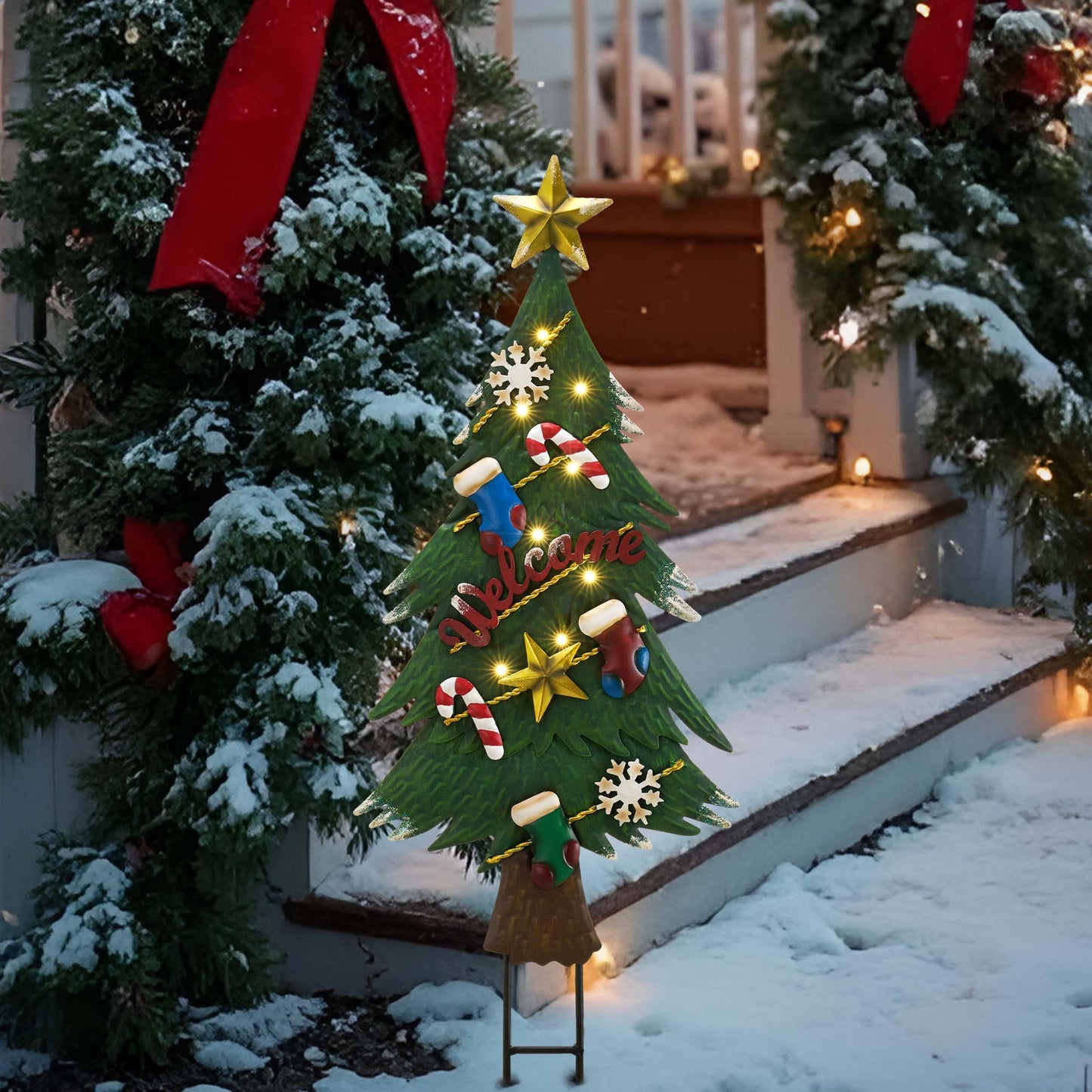 TERESA'S COLLECTIONS Christmas Garden Stake, Metal Outdoor Christmas Tree Decorations for Home, Welcome Sign with Solar Light, Green Waterproof Decoraions for Yard, Party Gifts,31"