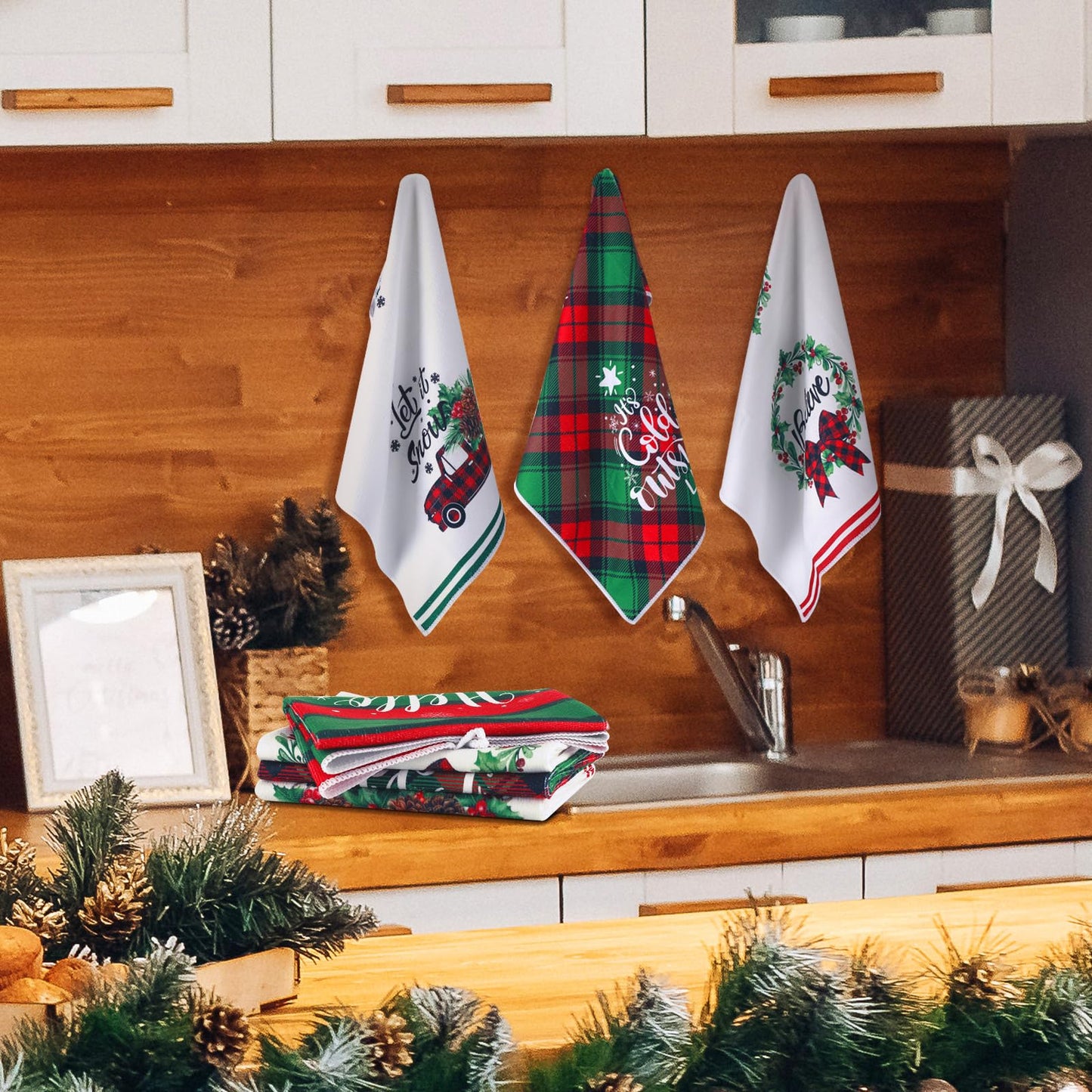 Kajaia 6 Pcs Christmas Kitchen Towels 15.8 x 23.6 Inch Xmas Holly Berry Dish Towels Absorbent Farmhouse Red Buffalo Plaid Truck Hand Tea Dishcloths for Christmas Winter Holiday Decor