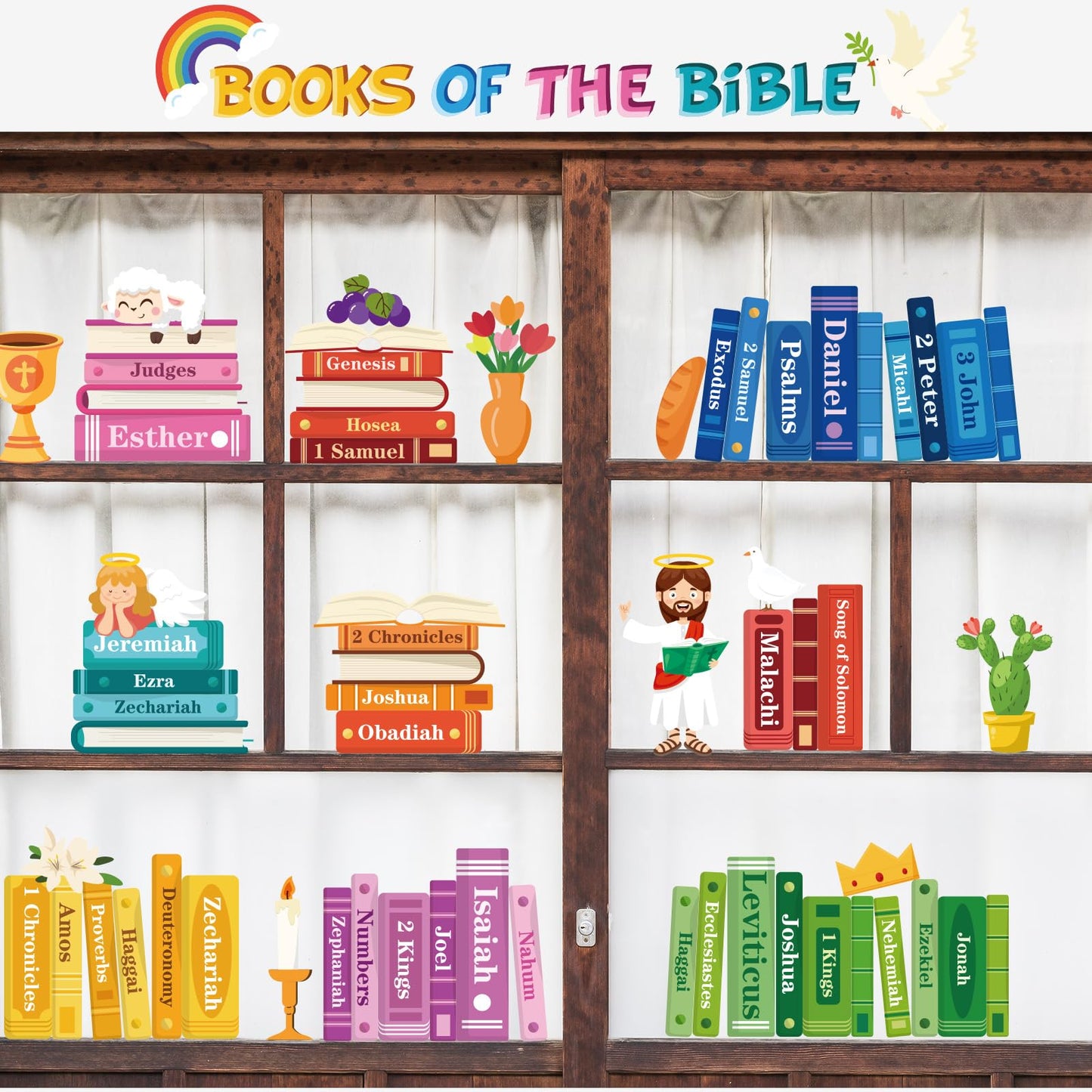 Christian Books of the Bible Wall Decals Peel and Stick, Educational Bible Learning Chart Stickers for Sunday School Classroom, Church Bulletin Board and Religious Teaching Decor