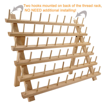 New brothread 60 Spools Wooden Thread Rack/Thread Holder Organizer with Hanging Hooks for Sewing, Quilting, Embroidery, Hair-braiding