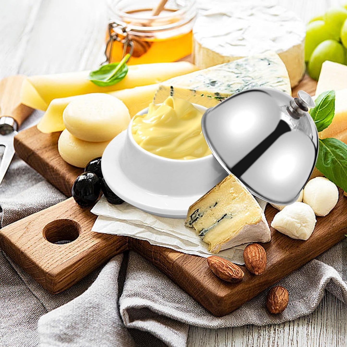 EATAKWARD Ceramic Butter Dish with Stainless Dome Cover, Cheese Dish with Lid, Small Cheese Plate Serving Tray with Silver Handled Lid for Countertop, Dessert, Cupcake, Cream Cake, Appetizer