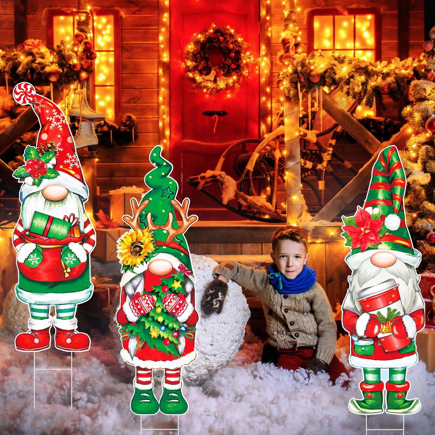Umigy 3 Pcs Christmas Yard Sign Outdoor Gnome Signs With Stakes 32 x 10'' Santa Decorations Xmas Pathway Walkway Decor Eve Party Favors for Lawn Garden Patio