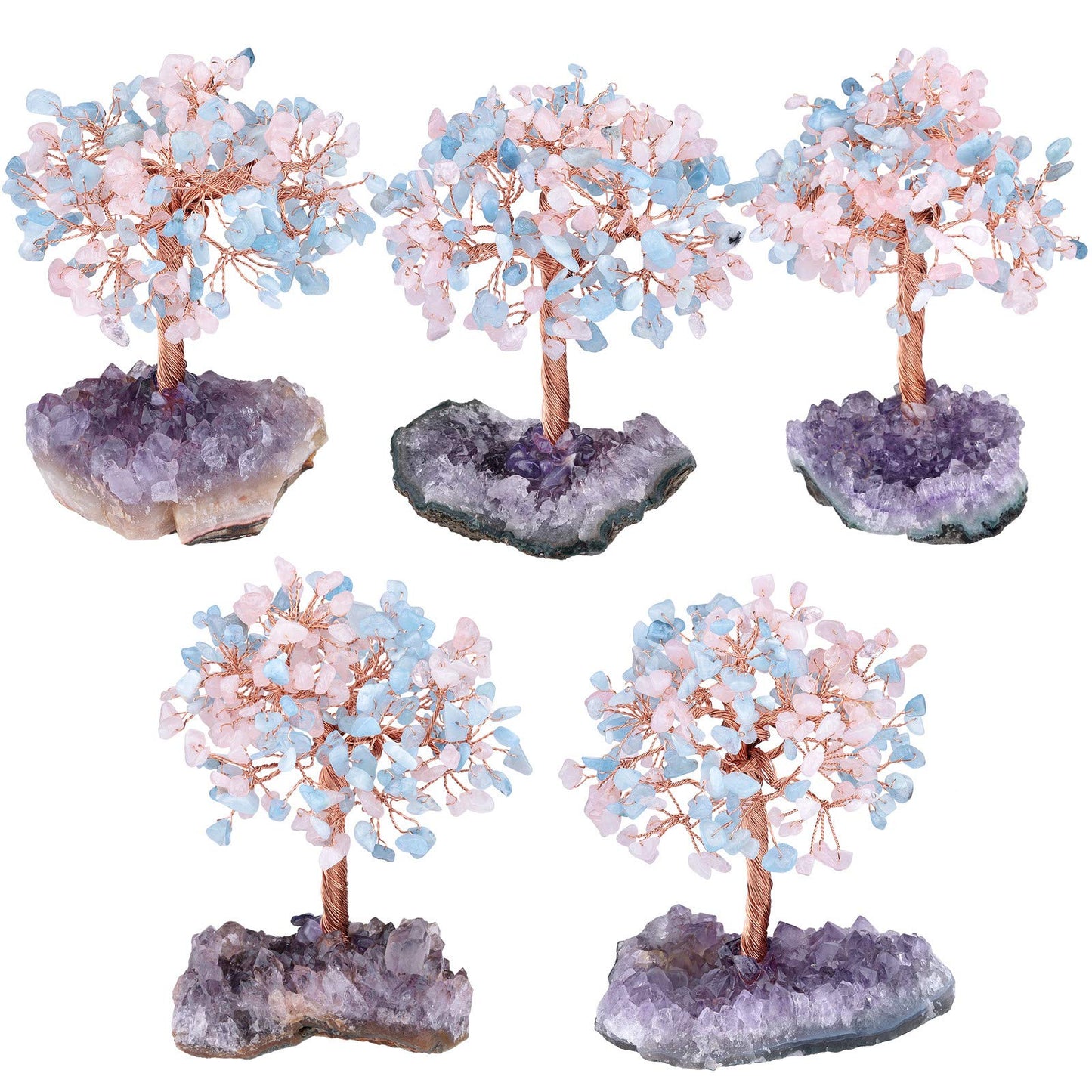 TUMBEELLUWA Natural Crystal Chips Money Tree for Good Luck and Wealth Handmade Stones Figurine Bonsai Tree with Natural Amethyst Cluster Base, Rose Quartz+Aquamarine
