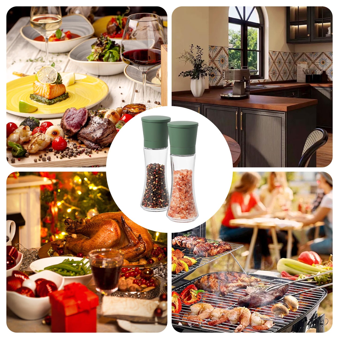 VEVOK CHEF Green Salt and Pepper Grinder Mill Set Stainless Steel Pepper Shaker Adjustable Ceramic Coarseness Salt Grinder Black Pepper Spice Grinder Mill