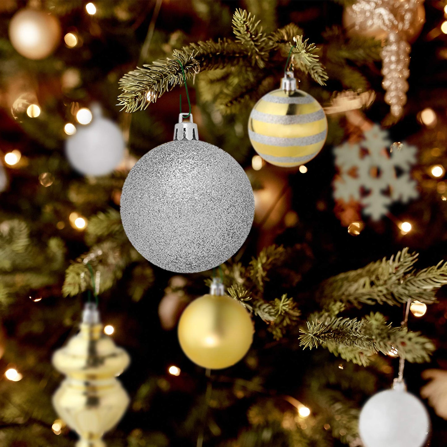 RN'D Christmas Snowflake Ball Ornaments - Christmas Hanging Snowflake and Ball Ornament Bulk Assortment Set with Hooks - 76 Xmas Ornaments and Hooks (Gold & Silver)