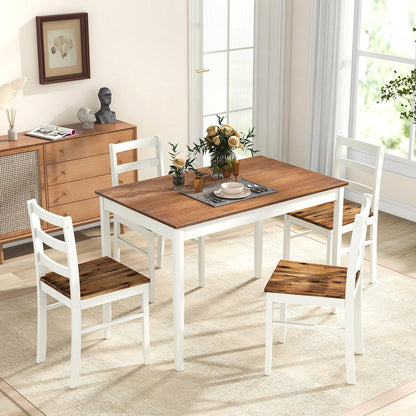 Tangkula Dining Table Set for 4, Solid Wood, Farmhouse Dinette Set w/Rubber Wood Legs, Mid-Century Modern, Compact Dining Table and Chairs Set for Kitchen, Dining Room (Brown+White)