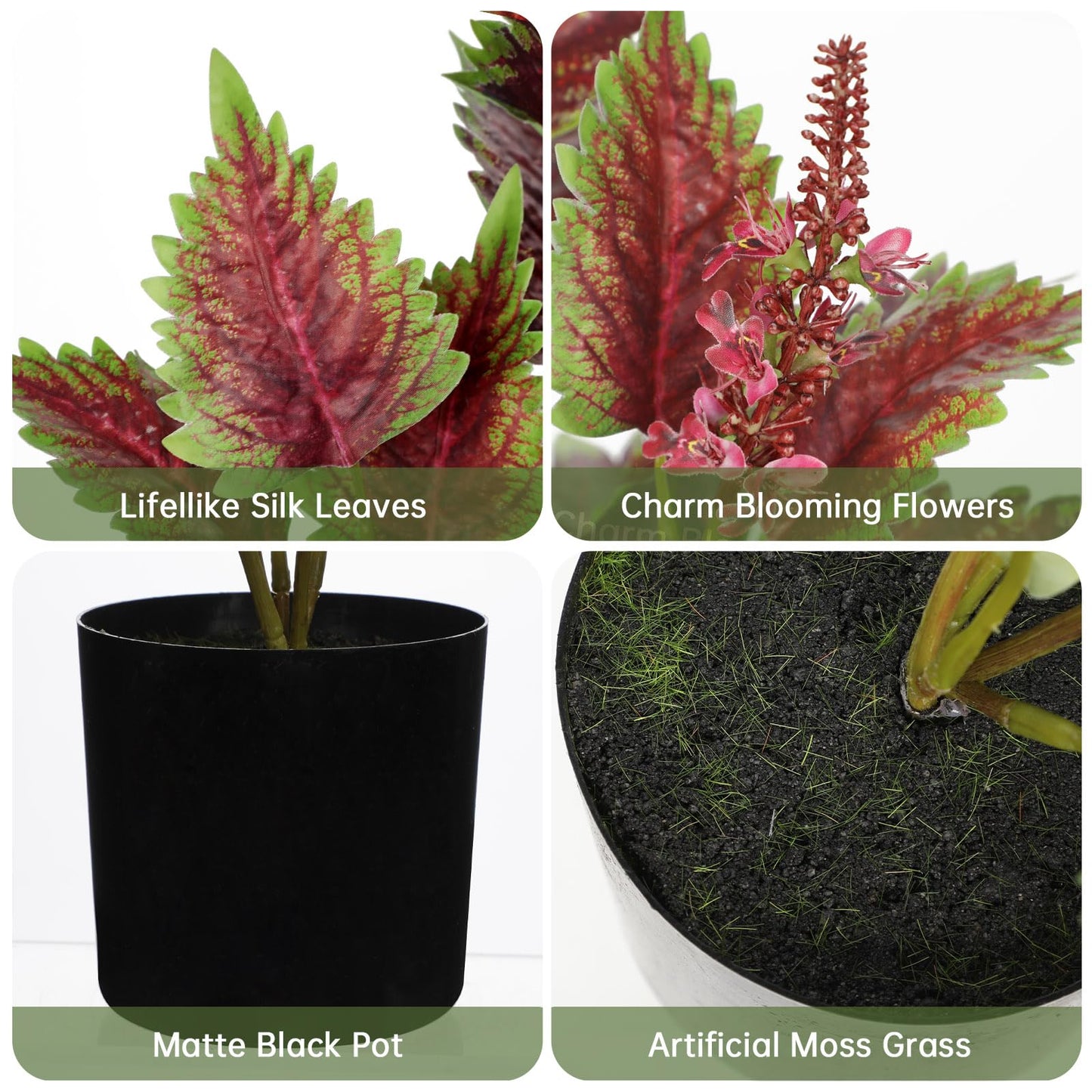 Artificial Plants Indoor with Pot 16.9" Faux Potted Perilla Plants Indoor Decorative Silk Greenery in Black Pot for Farmhouse Home Bathroom Living Room Office Table Shelf Decor
