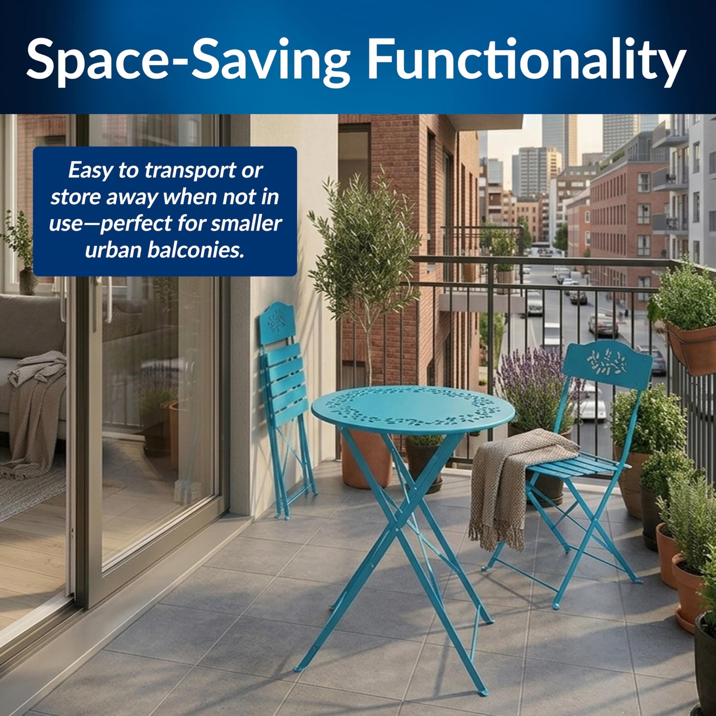 Alpine Corporation 3-Piece Bistro Set with Folding Table and 2 Chairs, Durable Steel Indoor/Outdoor Patio Furniture, Compact Seating, Blue