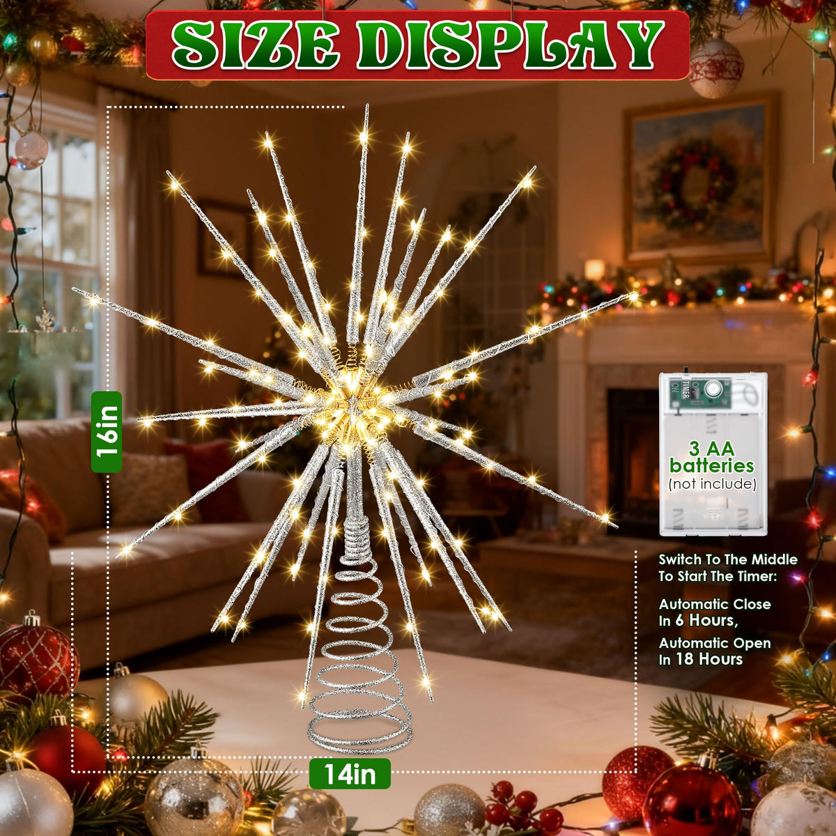 Meonum 16in Christmas Tree Topper with LED Light - 25 of 100 Lights Twinkle, Christmas Star Tree Topper for Holiday Decor, Universal Size, Lightweight and Easy to Install(Silver, 16inch)