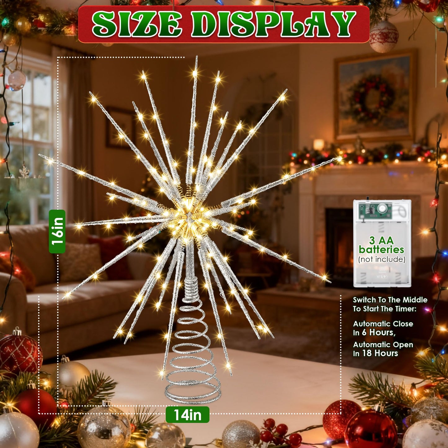 Meonum 16in Christmas Tree Topper with LED Light - 25 of 100 Lights Twinkle, Christmas Star Tree Topper for Holiday Decor, Universal Size, Lightweight and Easy to Install(Silver, 16inch)