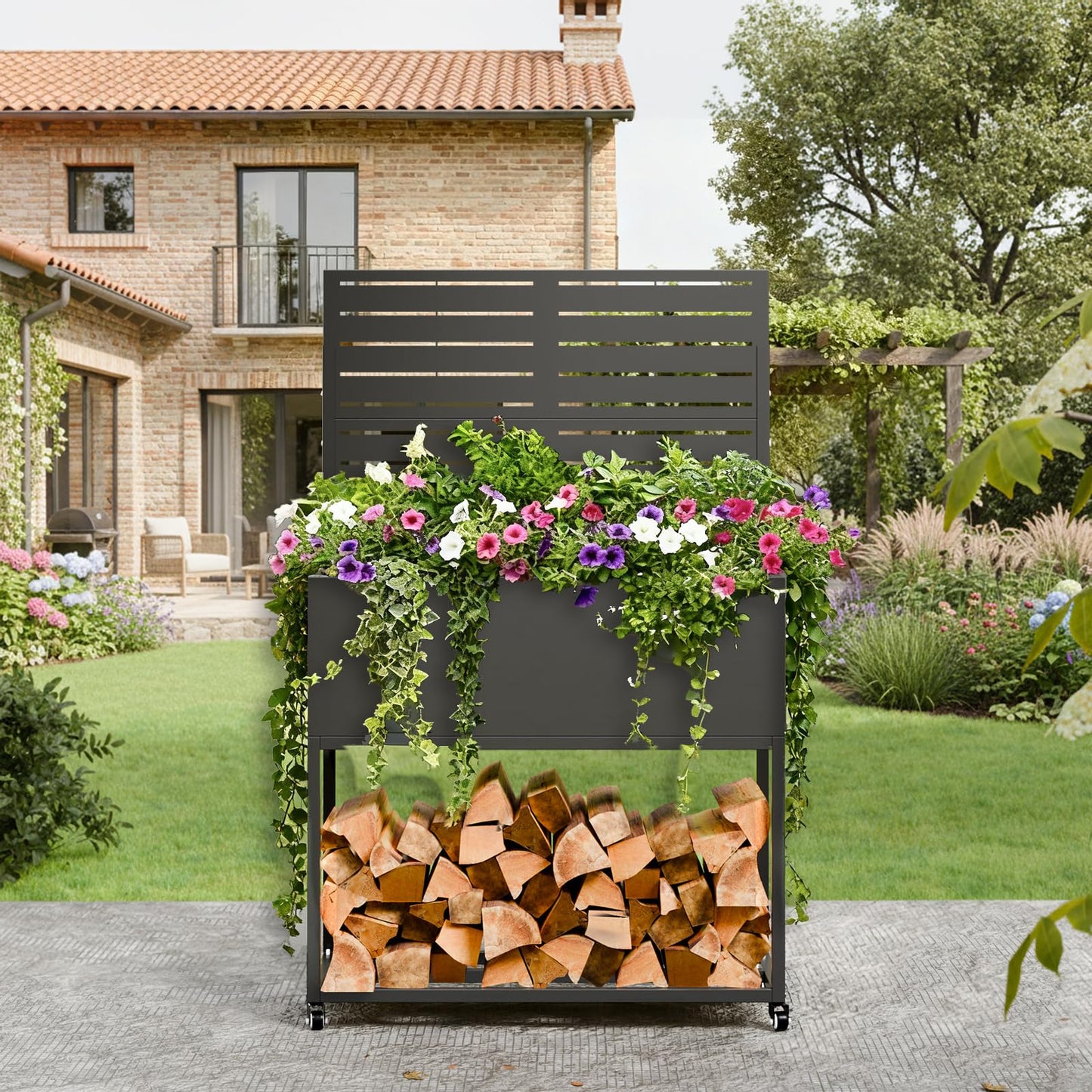 Metal Planter Box with Trellis, 3 in 1 Raised Garden Bed with Trelli & Firewood Rack, Privacy Planter Screen for Climbing Plants, Vine, Outdoor Garden Standing Beds with Drainage Holes, Wheels,Black