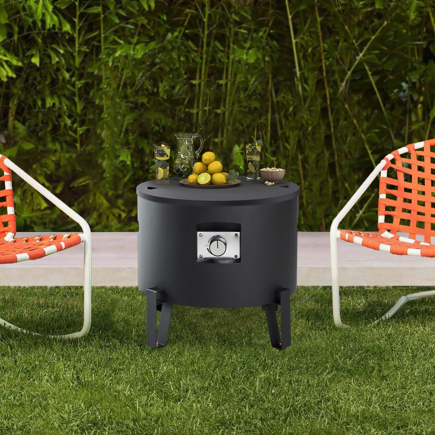 BAIDE HOME Portable Propane Fire Pit for Camping RV 50,000 BTU Round 15'' H x 16'' W Portable Gas Firepit W/Lid, Glass Rocks & Weather Resistant for Outdoors, Propane Extension Hose, Black