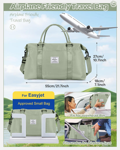 Travel Duffel Bags for Women Mens Waterproof Weekender Carry on Bag Sports Gym Bag Travel Tote Bags with Wet Pocket Overnight Bag Workout Duffel Bags with Trolley Sleeve Grey Green